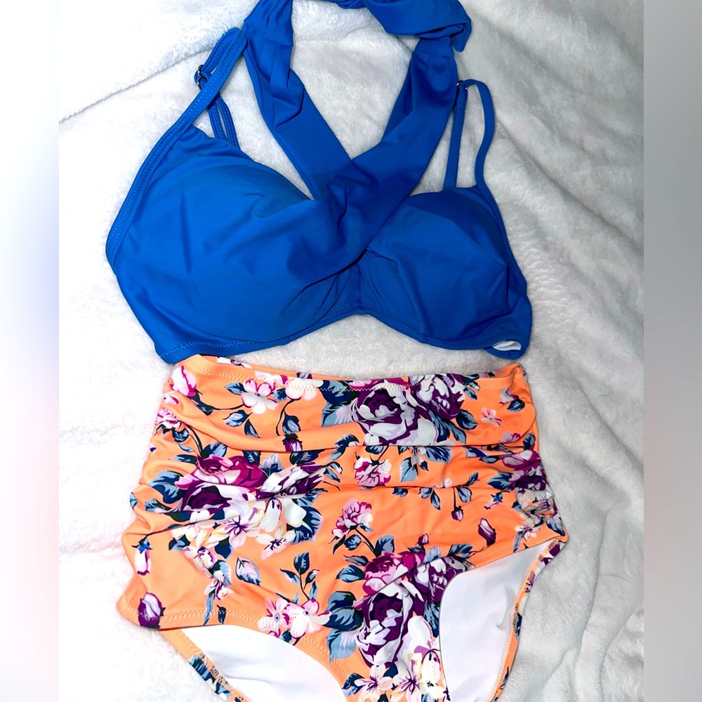 Turquoise and orange floral swim set